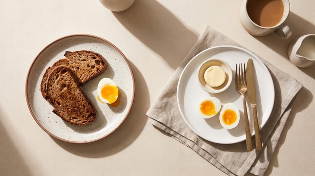 Toasted sourdough bread slices and soft boiled egg halves served on ceramic plates with golden cutlery and fresh coffee