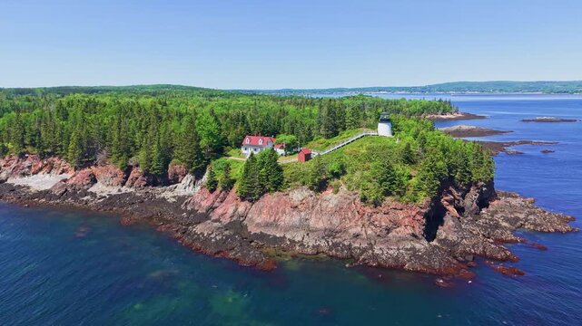 Aerial view of Owls Head Light on Penobscot Bay in Maine