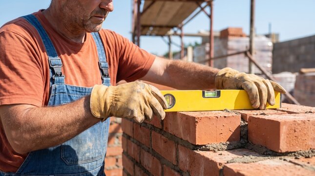 Skilled construction worker wearing blue denim overalls uses a yellow spirit level to check the alignment of red clay bricks