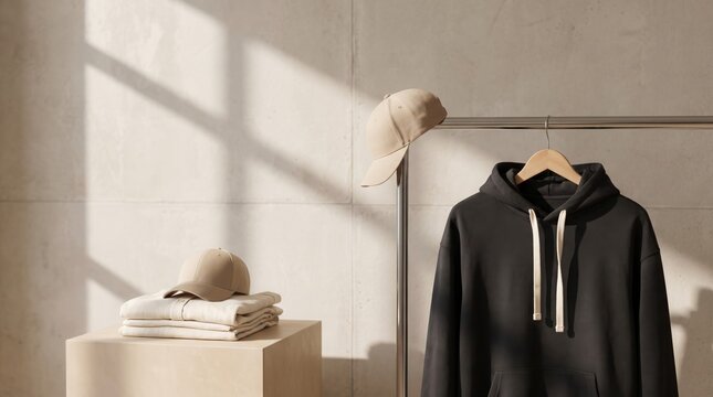Black cotton hoodie hanging on metal rack with beige baseball caps displayed on a wooden stand in bright daylight