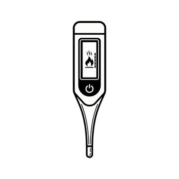Fever and illness diagnosis, digital thermometer icon with high temperature warning symbol