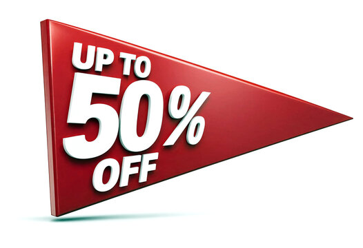 Bright red sale banner with bold white text offering up to fifty percent off discounts