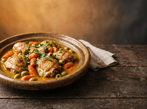 Braised chicken stew plated beside linen napkin on wooden table