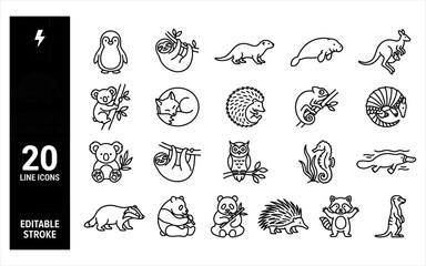 Fototapeta premium Wildlife silhouettes line icons with editable stroke include a penguin, sloth, otter, manatee, kangaroo, and koala for nature designs.