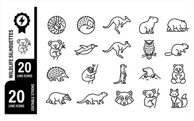 Fototapeta premium 20 wildlife silhouettes line icons collection with editable stroke on transparent background.