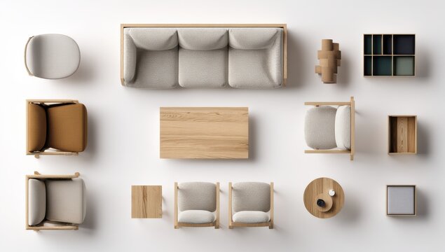 Top view of a modern living room furniture set including sofa coffee table armchairs and various decor elements isolated