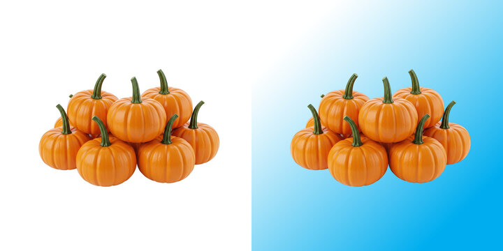 A group of small orange pumpkins arranged in a pile isolated on a white background