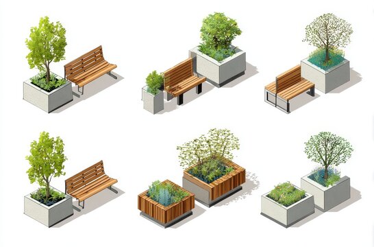 Set of isometric city park elements featuring wooden benches and various decorative plants in concrete planters for landscape design