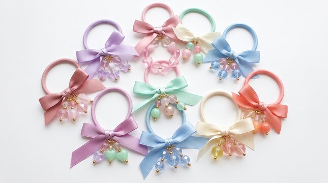 Colorful beaded hair accessories arranged on white background, featuring floral and decorative designs for hairstyles, fashion styling, beauty and special occasions.