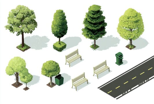 Set of isometric trees benches and road elements for city planning and architectural landscape design on white background