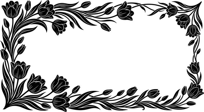 Black tulip rectangular floral frame border blossom leaves botanical decorative wedding monogram editable vector silhouette ornate elegant vintage ornament garland