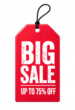 Bright red sale tag with bold white text advertising big discounts up to seventyfive percent off