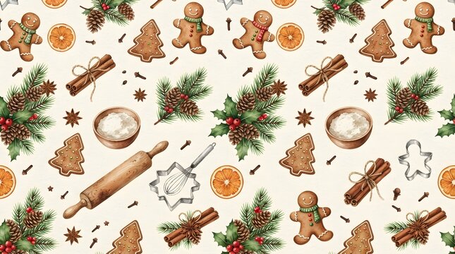 Seamless christmas baking pattern with gingerbread cookies, cinnamon sticks, pine branches, orange slices, and kitchen tools