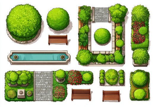 Top view set of park elements including trees benches walkways and a swimming pool for architectural landscape design projects