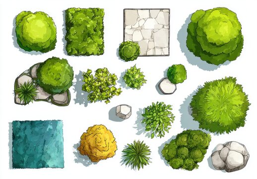 Top view architectural landscape design elements featuring various green trees shrubs and water features for site planning projects