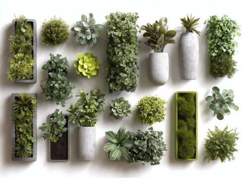 A collection of various lush green potted plants and vertical wall gardens arranged decoratively on a plain white background