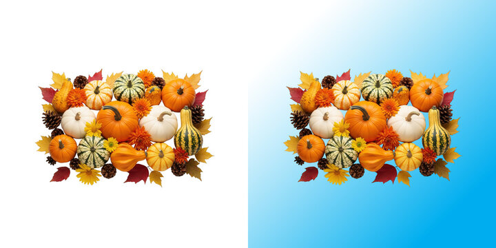 Group of small colorful decorative pumpkins and autumn leaves for fall season decoration