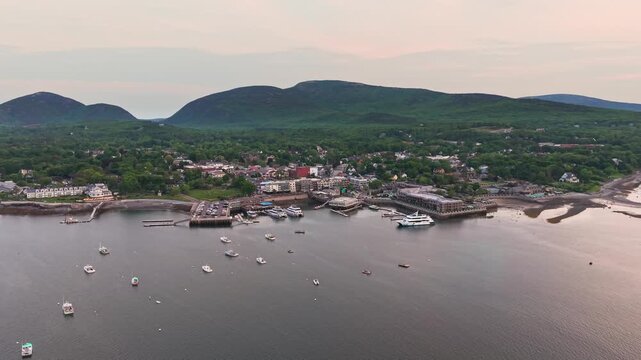 Aerial view of Bar Harbor waterfront and harbor at dusk in Maine