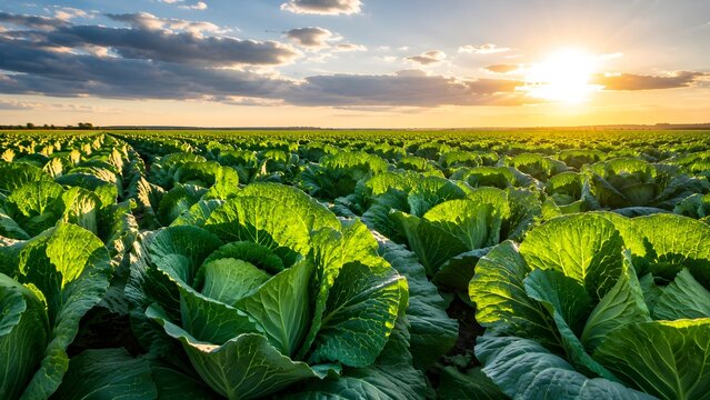 Rows of Fresh Green Cabbage Growing in a Vast Farm Field at Sunset