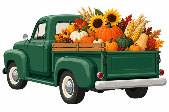 Vintage Pickup Truck Carrying Pumpkins and Autumn Harvest Produce Flat Vector Illustration