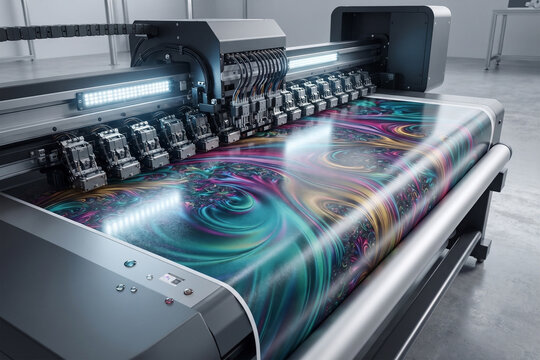 Industrial Digital Textile Printer Printing Colorful Abstract Pattern on Fabric Roll &ndash; Large Format UV Inkjet Printing Machine in Factory