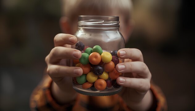Young child holding a clear glass jar filled with colorful fruit flavored chewy round candies towards the camera in a close up portrait