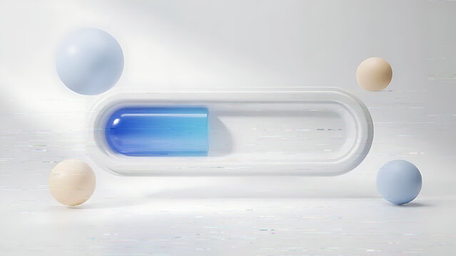3D Render of a Glass Capsule Loading Bar Displaying 40 Percent Progress with Blue Liquid Fill on Minimalist White Background
