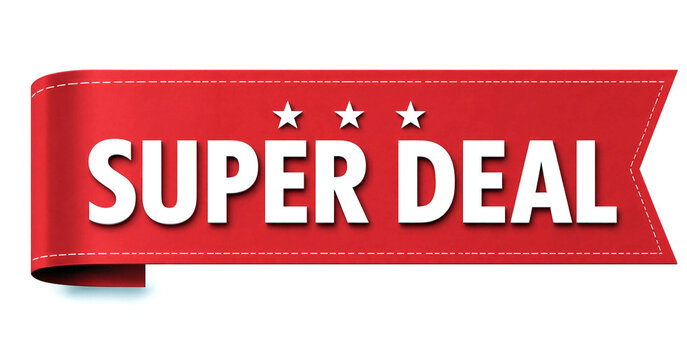 Bright red super deal banner with bold white letters and stars design