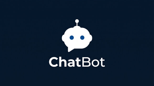 Minimalist chatbot logo icon with a friendly robot head design and speech bubble shape, featuring blue eyes on a dark navy blue background