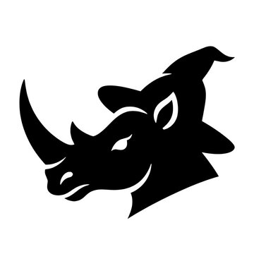 A clean black vector silhouette of a fierce rhinoceros wearing a wizard hat, set against a solid white backdrop.