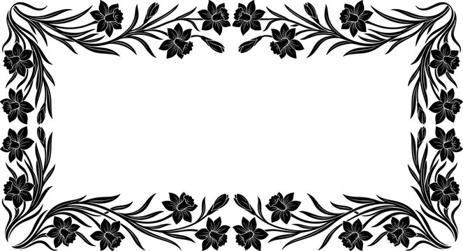 Black daffodil rectangular floral frame border narcissus blossom leaves botanical decorative wedding monogram editable vector silhouette ornate elegant vintage ornament