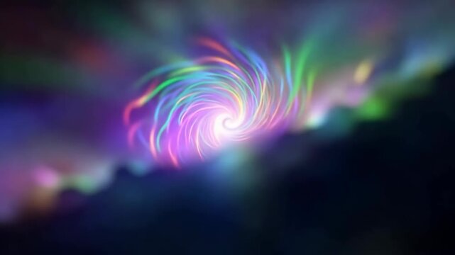 Colorful abstract light vortex spiraling inward and gradually fading through vivid neon trails, glowing center, and soft luminous background, digital animation