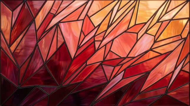 Abstract geometric background featuring vibrant red and orange watercolor shapes with dark ink outlines creating a stained glass effect