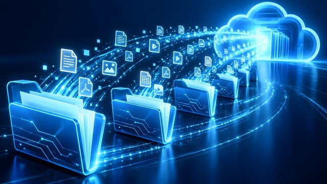 Glowing digital file folders streaming data icons into cloud storage computing network