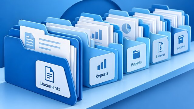 Organized blue document folders on shelf representing file management system and business administration