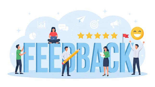 Business feedback concept with people working together to improve service quality and customer satisfaction with five star rating and emoji