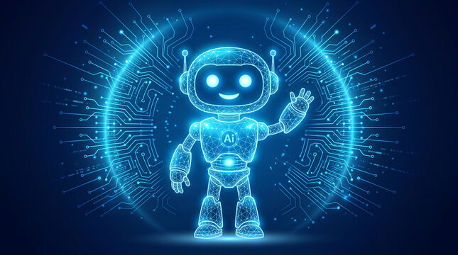 Futuristic ai robot character waving hand with glowing digital circuit board background and neural network mesh design