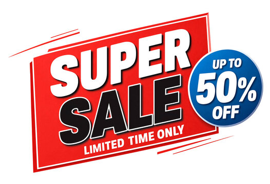 Bright red super sale banner with up to fifty percent off discount promotion isolated design