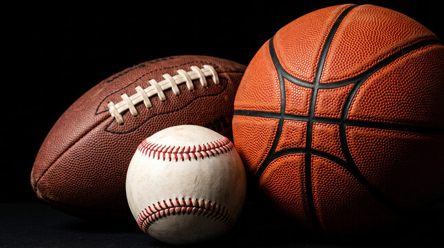 A collection of sports balls including an american football, a baseball, and a basketball arranged together against a dark black background