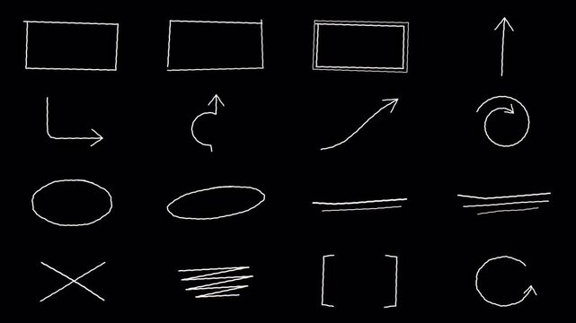 Animated hand drawn sketch annotations arrows circles and boxes drawing in and out on transparent alpha channel