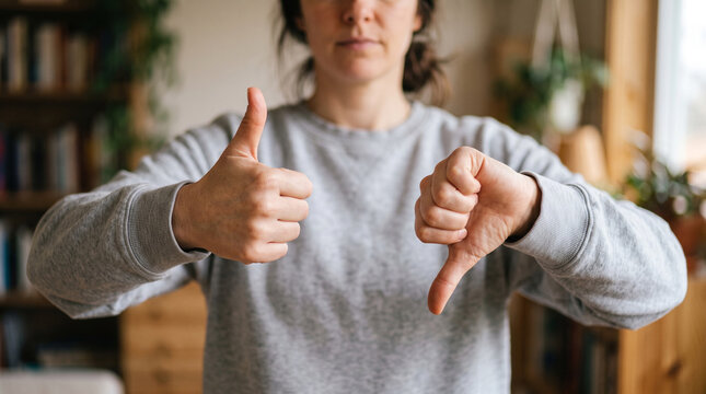 Person wearing a grey sweatshirt making a thumbs up and thumbs down gesture simultaneously to represent indecision or mixed feelings