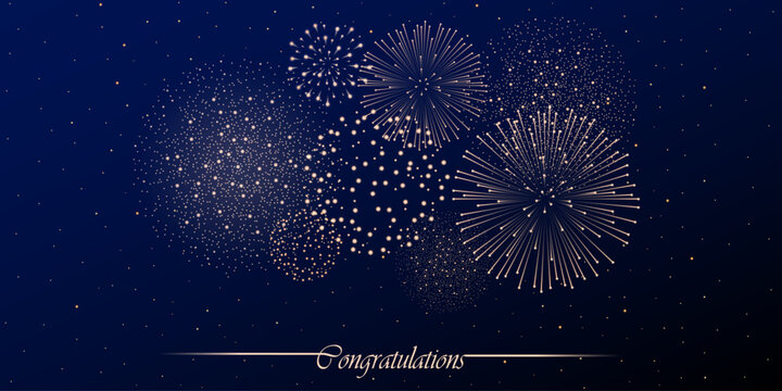 Gold Firework show on blue night sky background with glow and sparkles. Fireworks New year and Christmas concept. Congratulations background. Invitation, card, party bg. Vector illustration