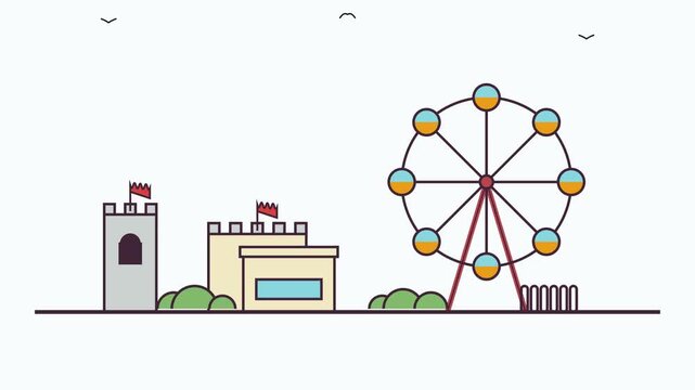 Minimalist Fairground Amusement Park Carnival Attraction Line Design Animation For Entertainment Promotion And Holiday Festival Event Branding