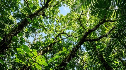 Fototapeta premium Lush tropical foliage canopy showcasing vibrant greenery for nature-inspired branding and wellness content