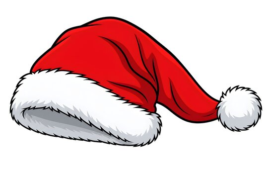 Festive red Santa hat with white fluffy trim and pompom isolated on white background, perfect for Christmas vector design