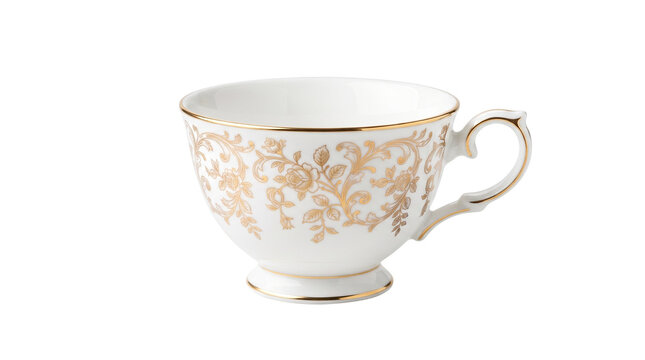 Vintage white porcelain teacup with gold floral pattern, elegant ceramic tea cup with ornate handle, luxury bone china tableware for high tea isolated PNG with Transparent Background