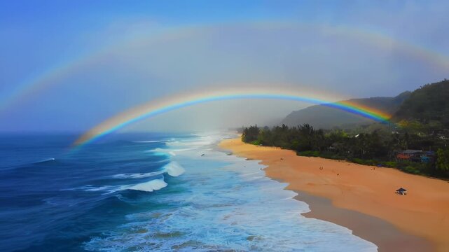 Double Rainbow Arching Over Tropical Beach in Kauai, Hawaii &ndash; Aerial Drone Footage