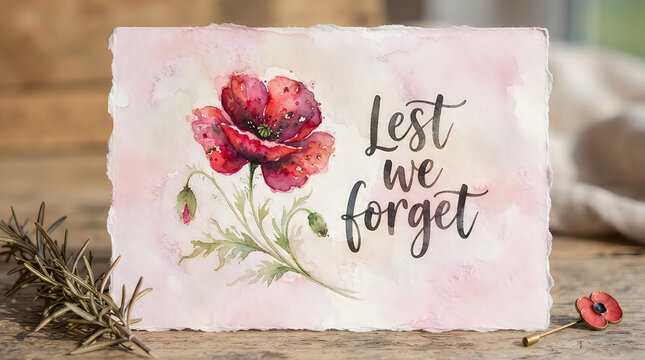 Watercolor poppy flower card with lest we forget lettering on rustic wooden surface.