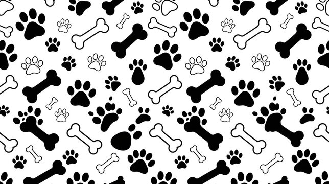 Seamless pattern of dog paw prints and bone silhouettes