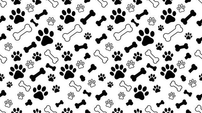 Seamless pattern of dog paw prints and bone silhouettes
